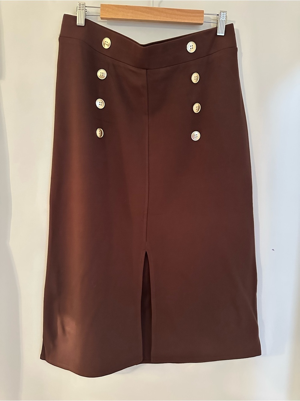 Tailored Brown Midi Pencil Skirt with Front Buttons